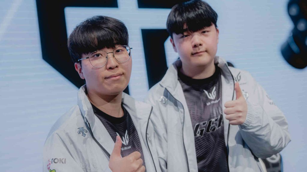 Kiin (L) and Canyon of Gen.G Esports after victory at League of Legends Worlds 2025 Swiss Stage on October 18, 2025 in Beijing, China. (Photo by Colin Young-Wolff/Riot Games)