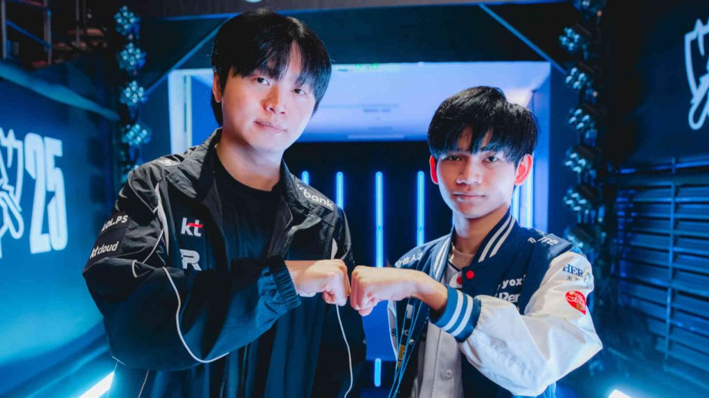 Worlds 2025 playoffs quarterfinals stage: Bdd of KT Rolster and HongQ of CTBC Flying Oyster ahead of their match up at League of Legends Worlds 2025 Knockout Stage on October 29, 2025 in Shanghai, China. (Photo by Colin Young-Wolff/Riot Games)