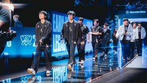 Gen.G Esports and Hanwha Life Esports walk onstage at League of Legends Worlds 2025 Knockout Stage on October 28, 2025 in Shanghai, China. (Photo by Colin Young-Wolff/Riot Games)