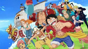 One Piece anime characters featuring Straw Hat Pirates members Monkey D. Luffy, Roronoa Zoro, Nami, Usopp, Vinsmoke Sanji, Tony Tony Chopper, Nico Robin, Franky, Brook, and Jinbe