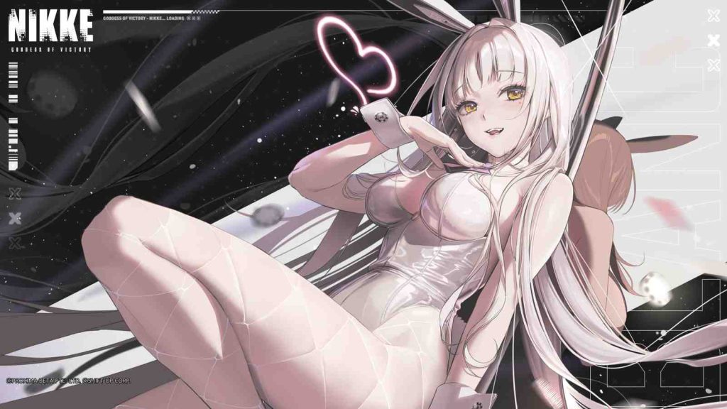 Blanc wearing white skin suit and lying down from Goddess of Victory Nikke game