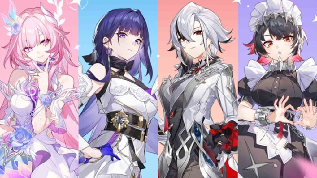 HoYoverse characters Cyrene from Honkai Star Rail, Raiden Mei from Honkai Impact 3rd, Arlecchino from Genshin Impact, and Ellen from Zenless Zone Zero.