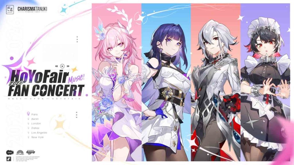 Key visual for HoYoFair Fan Concert 2026 featuring HoYoverse characters Cyrene from Honkai Star Rail, Raiden Mei from Honkai Impact 3rd, Arlecchino from Genshin Impact, and Ellen from Zenless Zone Zero.