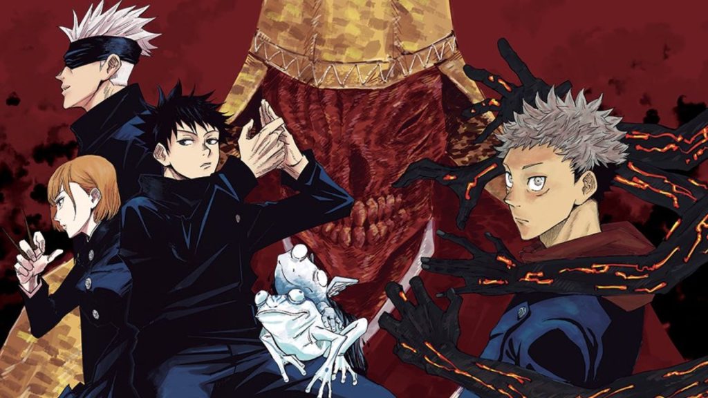 Jujutsu Kaisen manga characters from left to right (Nobara Kugisaki, Satoru Gojo, Megumi Fushiguro, Yuji Itadori)