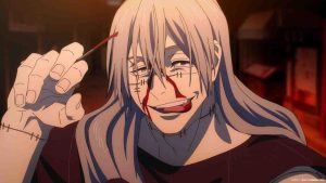 Mahito licking his lips and looking grimacing in Jujutsu Kaisen Season 2's Shibuya Incident