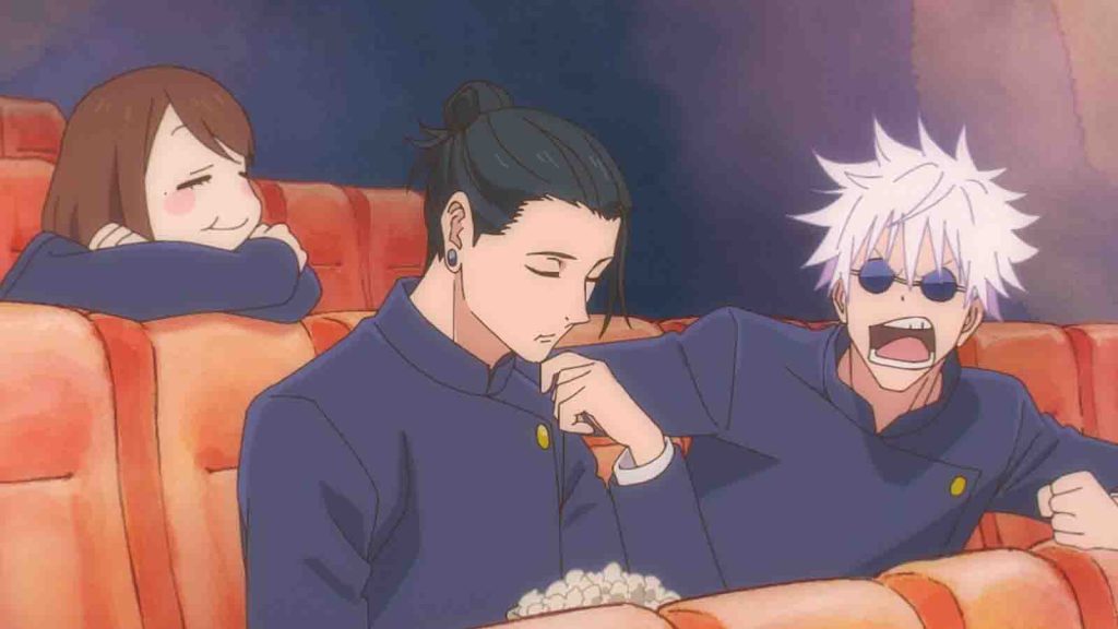 Jujutsu Kaisen main characters from left to right: Shoko Ieiri, Suguru Geto, Satoru Gojo, seen in a movie theater in season 2's Premature Death arc -- Is Jujutsu Kaisen finished