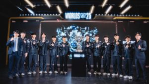KT Rolster and T1 are seen at League of Legends Worlds 2025 Media Day on November 07, 2025 in Chengdu, China. (Photo by Colin Young-Wolff/Riot Games)