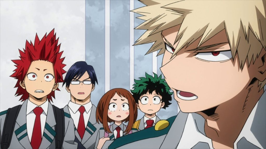 My Hero Academia characters from left to right (Eijiro Kirishima, Tenya Iida, Ochaco Araka, Izuku Midoriya, Katsuki Bakugo)