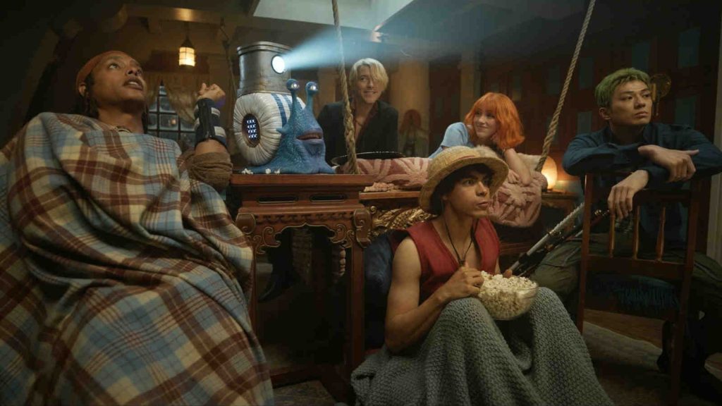 One Piece live action cast featuring Monkey D. Luffy (Iñaki Godoy), Roronoa Zoro (Mackenyu), Nami (Emily Rudd), Usopp (Jacob Romero), and Sanji (Taz Skylar)