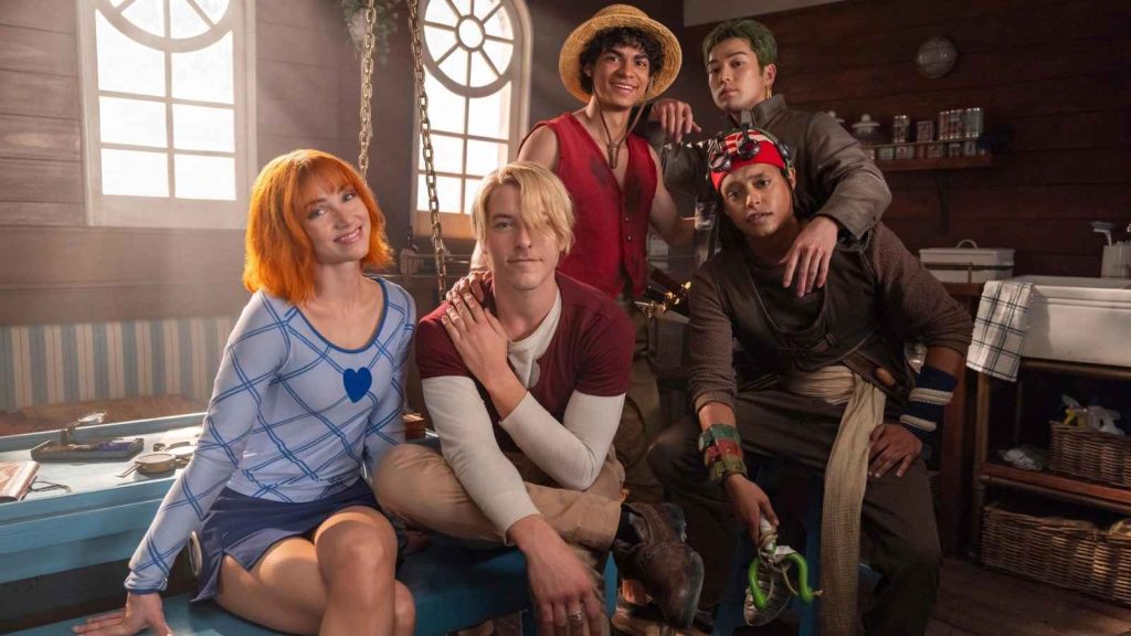 One Piece live action cast featuring Monkey D. Luffy (Iñaki Godoy), Roronoa Zoro (Mackenyu), Nami (Emily Rudd), Usopp (Jacob Romero), and Sanji (Taz Skylar).