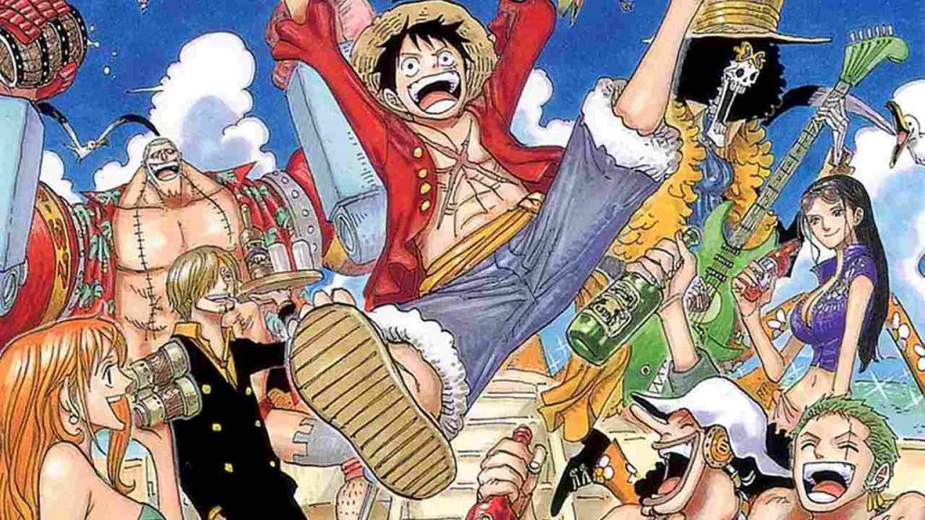 Straw Hat Pirates members Franky, Sanji, Nami, Luffy, Usopp, Zoro, Robin, and Brooke in One Piece manga volume 61.