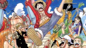 Straw Hat Pirates members Franky, Sanji, Nami, Luffy, Usopp, Zoro, Robin, and Brooke in One Piece manga volume 61.