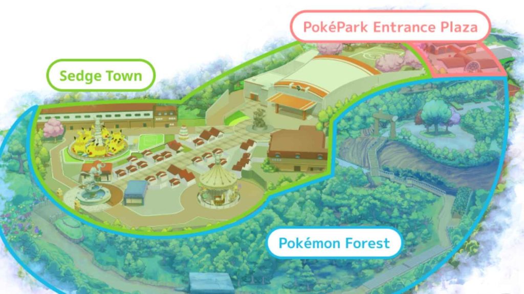 PokePark Kanto location map featuring areas Sedge Town, Pokemon Forest, and PokePark Entrance Plaza.