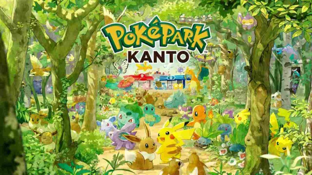 PokePark Kanto poster featuring Pikachu, Eevee, Nidoran, Charmander, Bulbasaur, Squirtle, Pidgey, and Butterfree.
