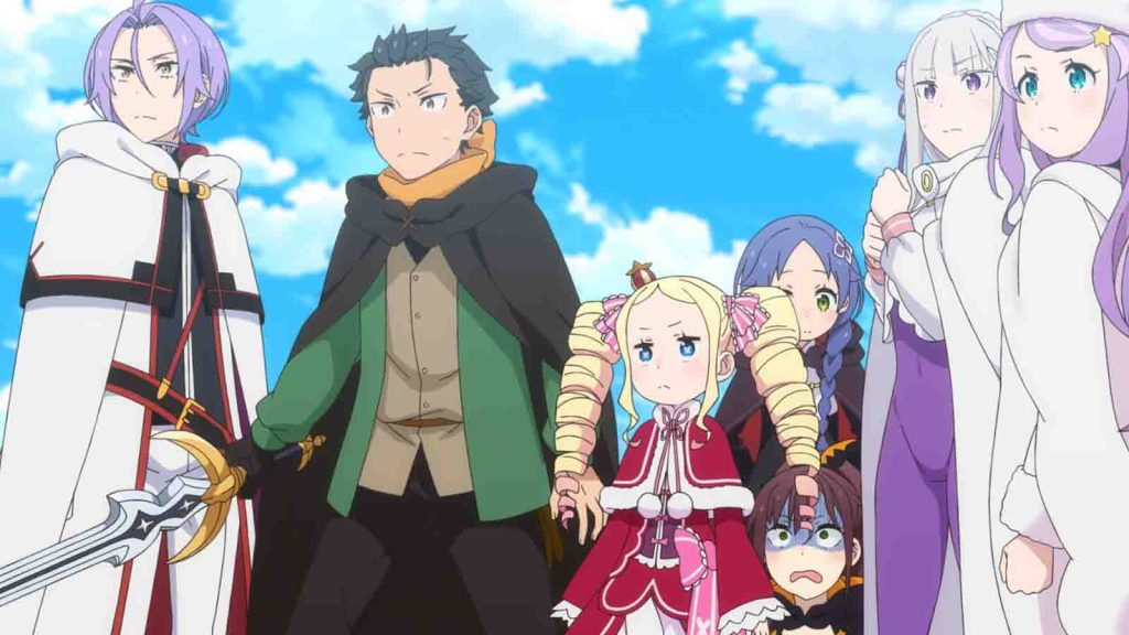 Re Zero main characters Subaru Natsuki and Emilia seen in season 3