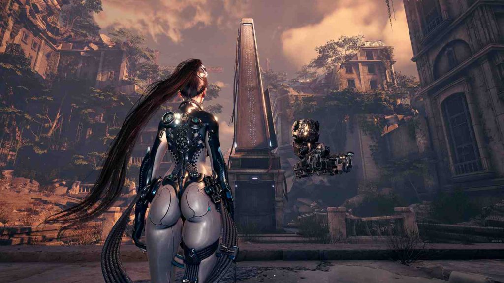 Stellar Blade official screenshot of Eve looking at pillar