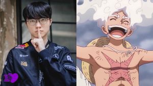 T1 star player Lee "Faker" Sang-hyeok and One Piece's Monkey D. Luffy (Gear 5 form).