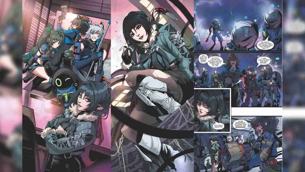 Zenless Zone Zero and Marvel collaboration featuring Criminal Investigation Special Response Team members Jane, Qing Yi, Seth, and Zhu Yuan.