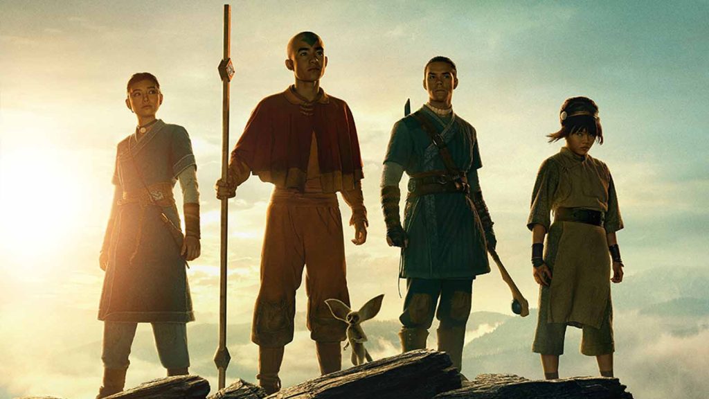 Teaser photo for Netflix's Avatar The Last Airbender season 2 featuring Gordon Cormier as Aang, Kiawentiio as Katara, Ian Ousley as Sokka, and Miya Cech as Toph Beifong.