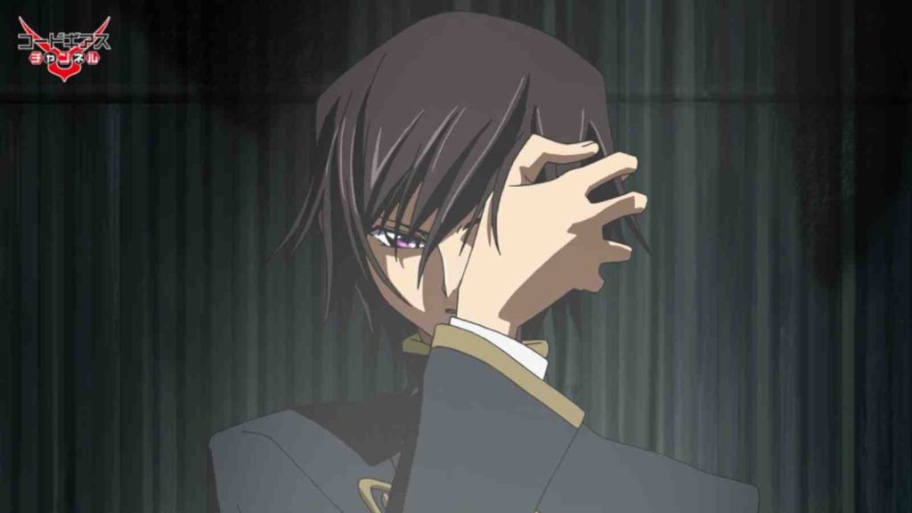 Lelouch Lamperouge holding one hand up to cover his eye looking cunning in Code Geass: Lelouch of the Rebellion anime