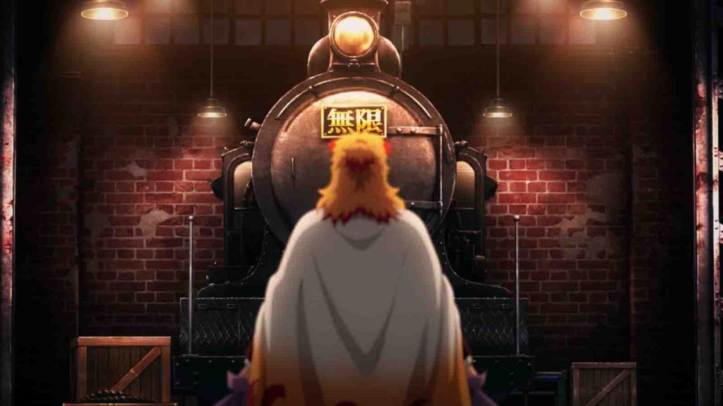 Demon Slayer Flame Hashira Kyojuro Rengoku seen looking at the Mugen Train in the Mugen Train movie