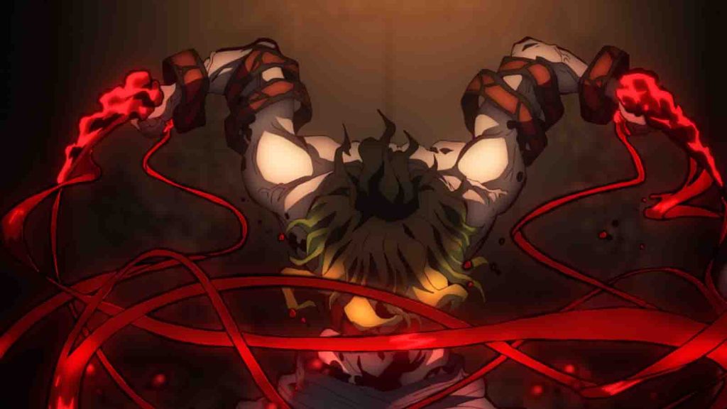 Demon Slayer antagonist Upper Rank Six Gyutaro seen in the Entertainment District arc in season 3