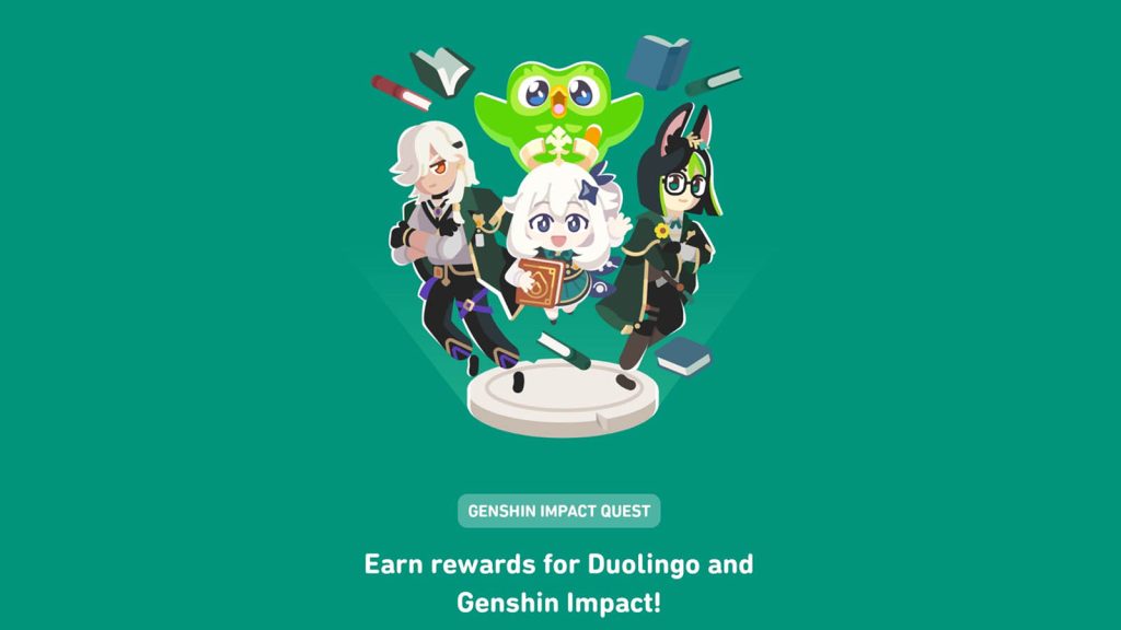 Duolingo Genshin Impact collaboration featuring an event quest with Cyno, Paimon, Tighnari, and Duo.