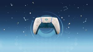 PlayStation 5's DualSense Wireless Controller – Genshin Impact Limited Edition, featuring an ethereal white, gold, and green palette.