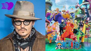 Actor Johnny Depp at the en:Berlinale 2020 and the One Piece anime's key visual for the Egghead Arc.