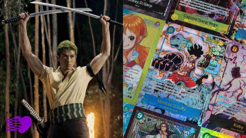 One Piece live action actor Mackenyu Arata as Zoro and a few One Piece Card Game cards.