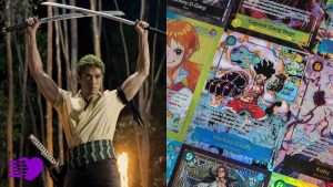 One Piece live action actor Mackenyu Arata as Zoro and a few One Piece Card Game cards.