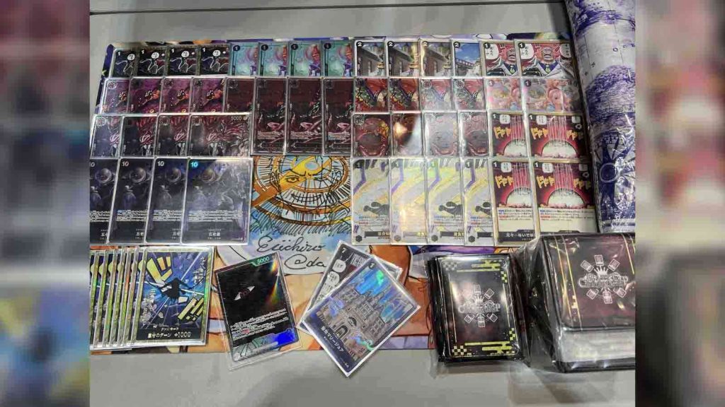 Zoro actor Mackenyu Arata's playmat and cards at the Hachi CS Japan One Piece Card Game tournament.
