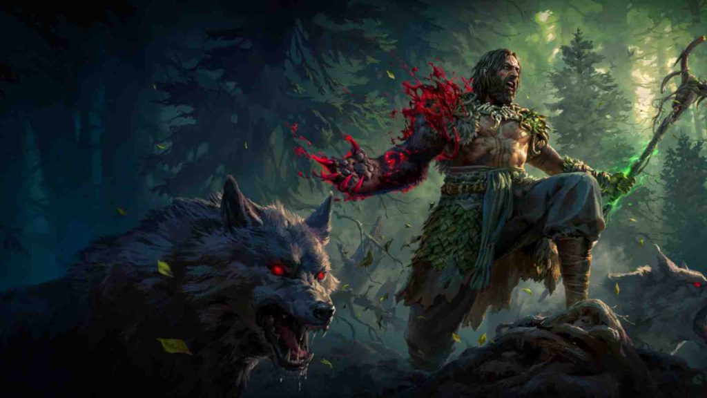 Path of Exile 2 The Last of the Druids key art featuring druid with wolf