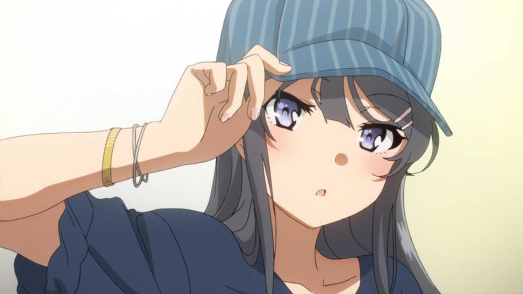 Mai Sakurajima wearing a beret in Rascal Does Not Dream of Bunny Girl Senpai anime.