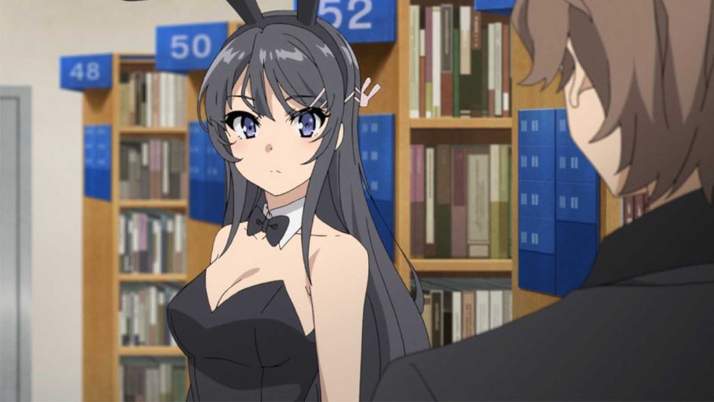 Mai Sakurajima wearing a black bunny suit while talking to Sakuta Azusagawa in Rascal Does Not Dream of Bunny Girl Senpai anime.