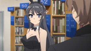 Mai Sakurajima wearing a black bunny suit while talking to Sakuta Azusagawa in Rascal Does Not Dream of Bunny Girl Senpai anime.