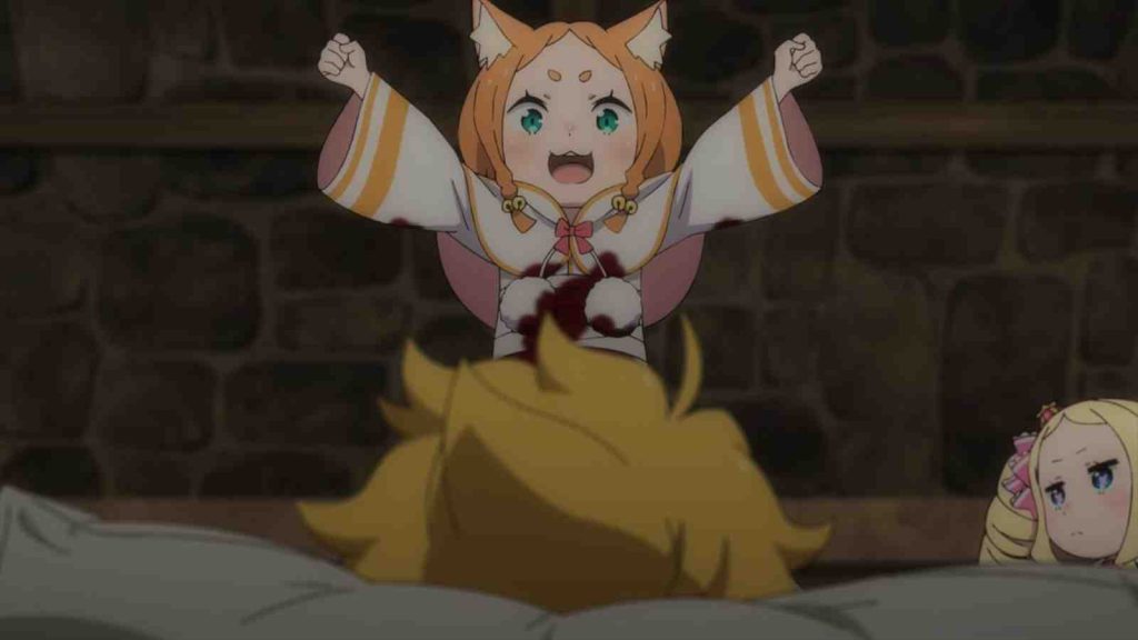 Mimi Pearlbaton cheering with both arms in the air in ReZero season 3 anime