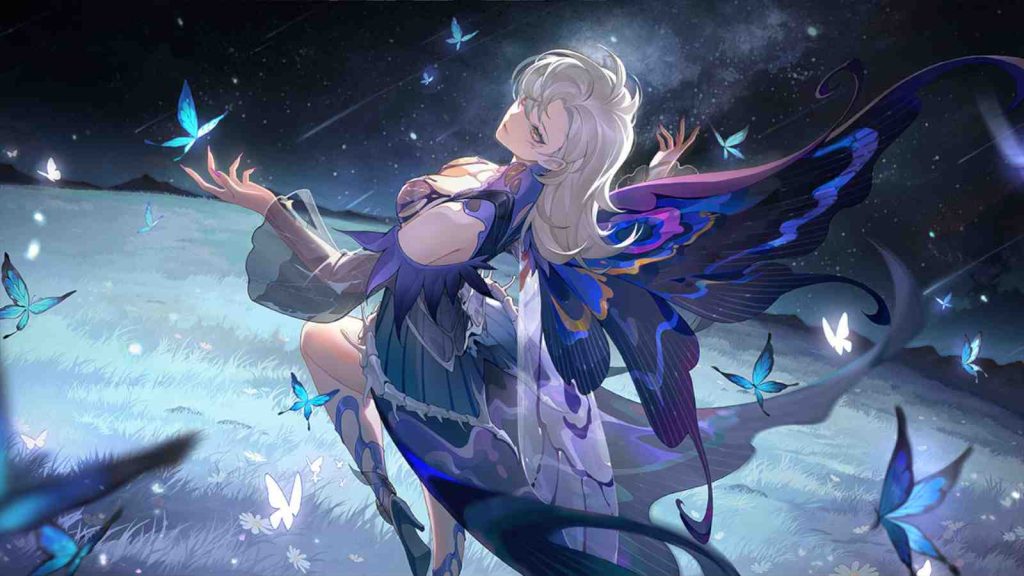 Silver and Blood SR character Regina in butterfly outfit with butterfly wings official wallpaper