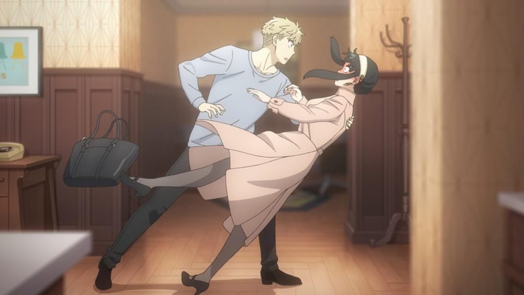 Loid catching Yor as she slips in the Spy x Family anime.