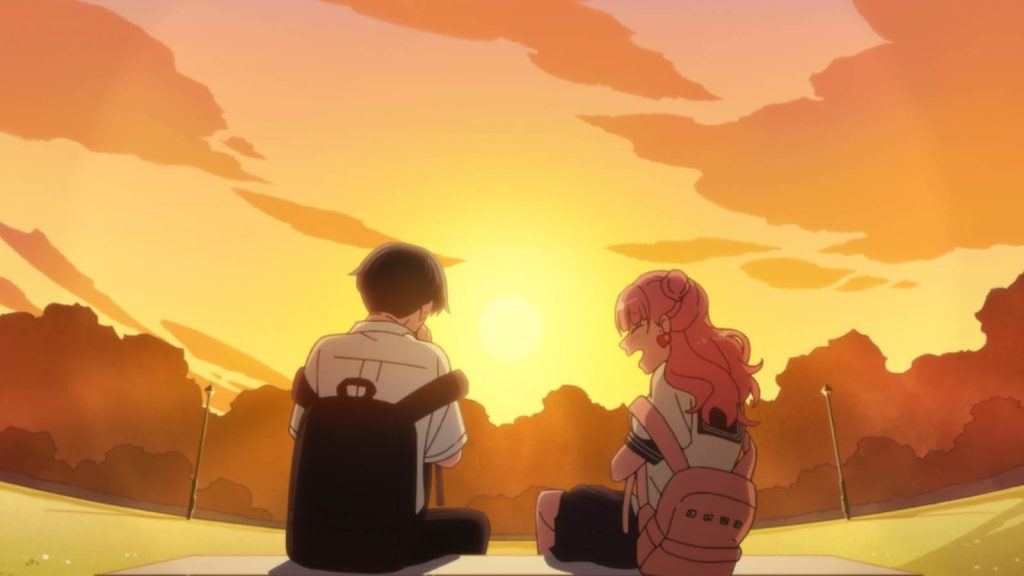 Miyu Suzuki and Yuusuke Tani during sunset hours in You and I Are Polar Opposites anime.