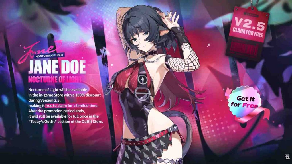 Jane Doe outfit "Nocturne of Light" players can claim for free during Zenless Zone Zero version 2.5