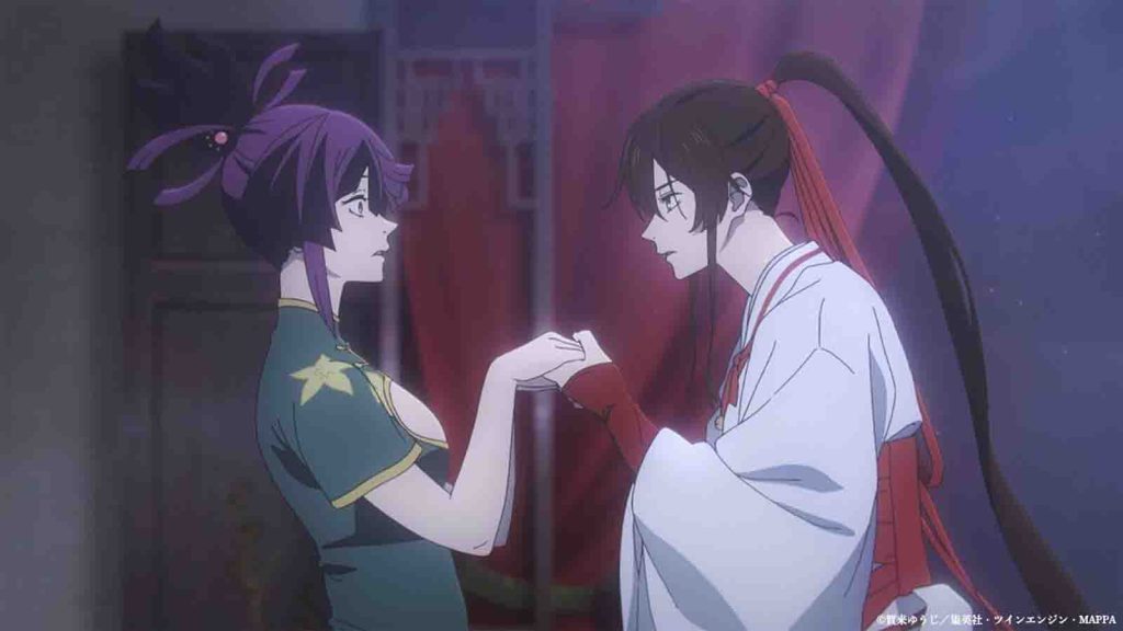 Hell's Paradise characters Sagiri Yamada Asaemon seen comforting Yuzuriha