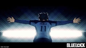 Yoichi Isagi standing with arms outstretched facing towards the bright lights on the football field after scoring a goal in U20 match