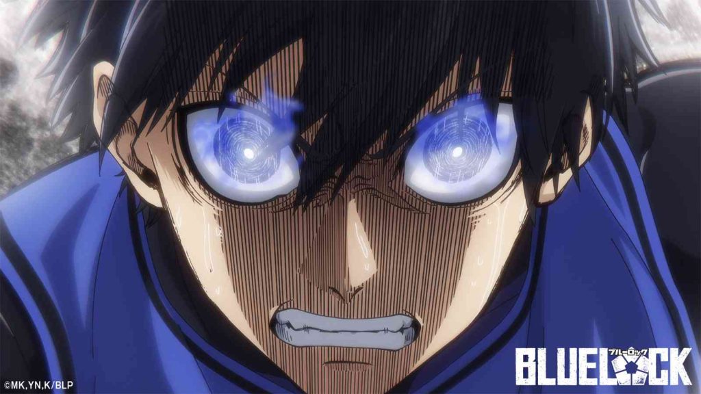 Close-up of Yoichi Isagi's face in Blue Lock anime showing stress and exaggerated, swirling blue eyes