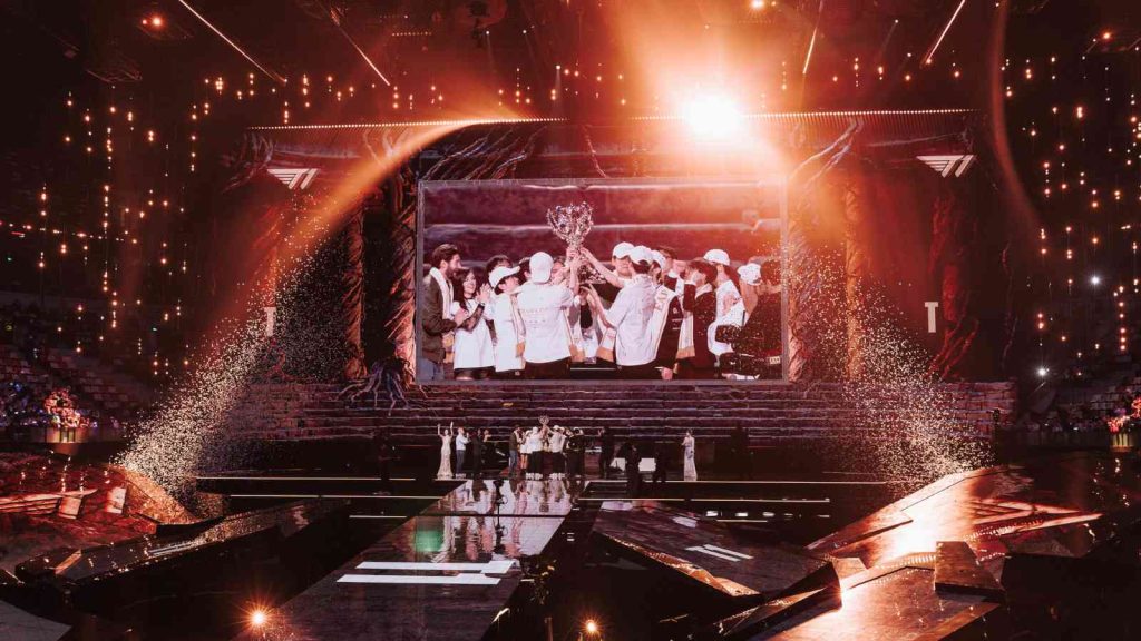 T1 lift the trophy onstage after being crowned champions at League of Legends Worlds 2025 Finals on November 08, 2025 in Chengdu, China.