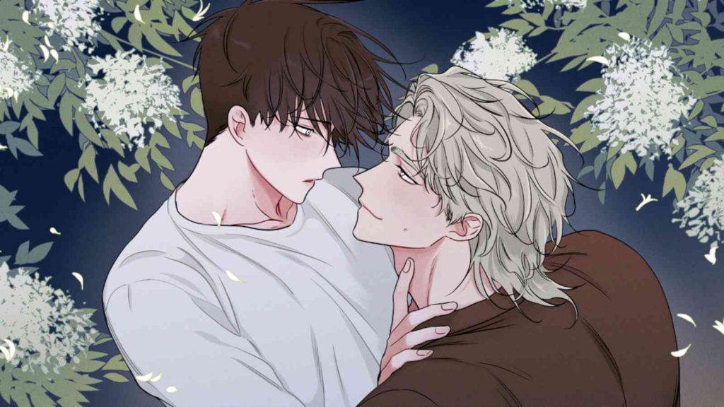 Low Tide in Twilight Kim Euihyun and Yeo Taeju embracing each other against backdrop of white flowers