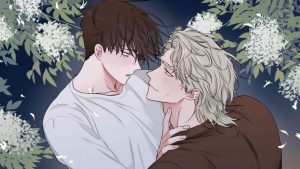 Low Tide in Twilight Kim Euihyun and Yeo Taeju embracing each other against backdrop of white flowers