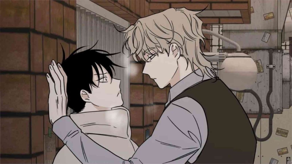 Low Tide in Twilight's Yeo Taeju pinning Kim Euihyun against the wall in manhwa