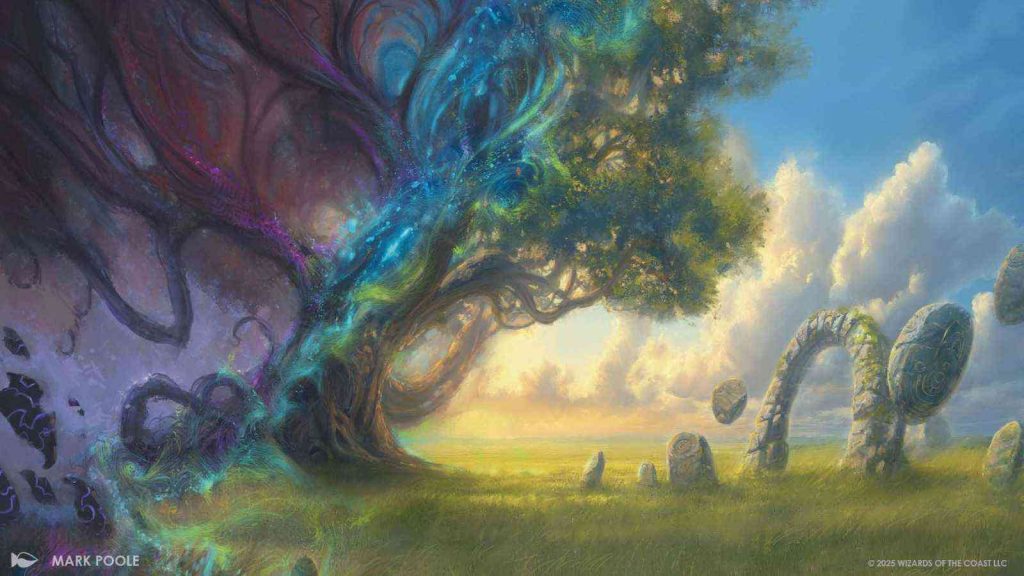 MTG Lorwyn Eclipsed concept art showing a tree half divided by the Aurora border