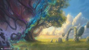 MTG Lorwyn Eclipsed concept art showing a tree half divided by the Aurora border